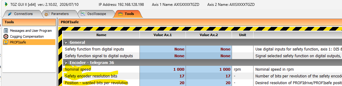 TGZ GUI II PROFIsafe encoder safety settings