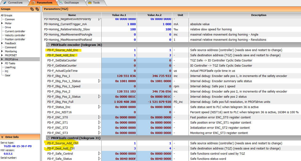 TGZ GUI II PROFIsafe source and destination addresses